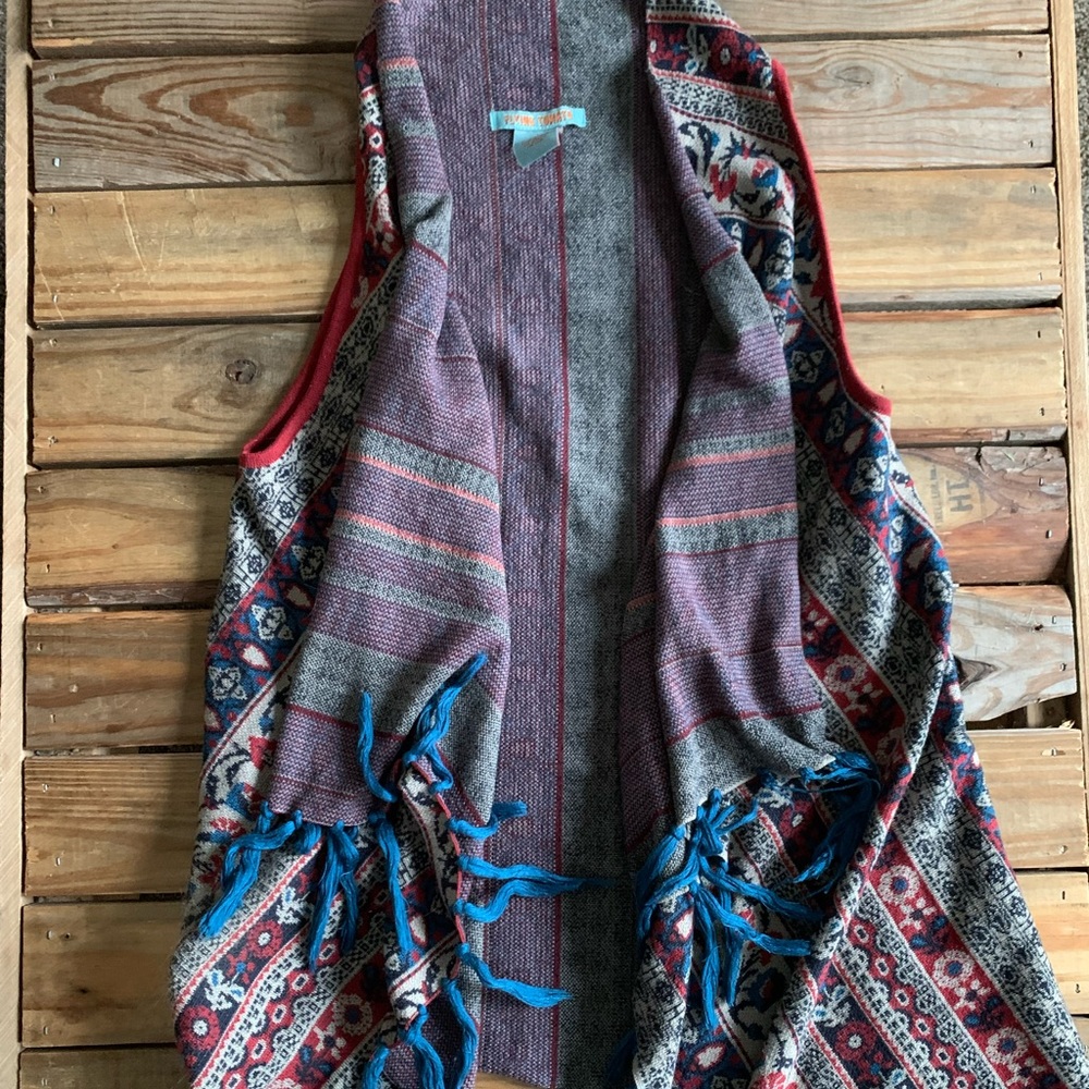 Flying Tomato Boho Sz Large Multicolor Open Vest Cardigan Floral Design w Fringe